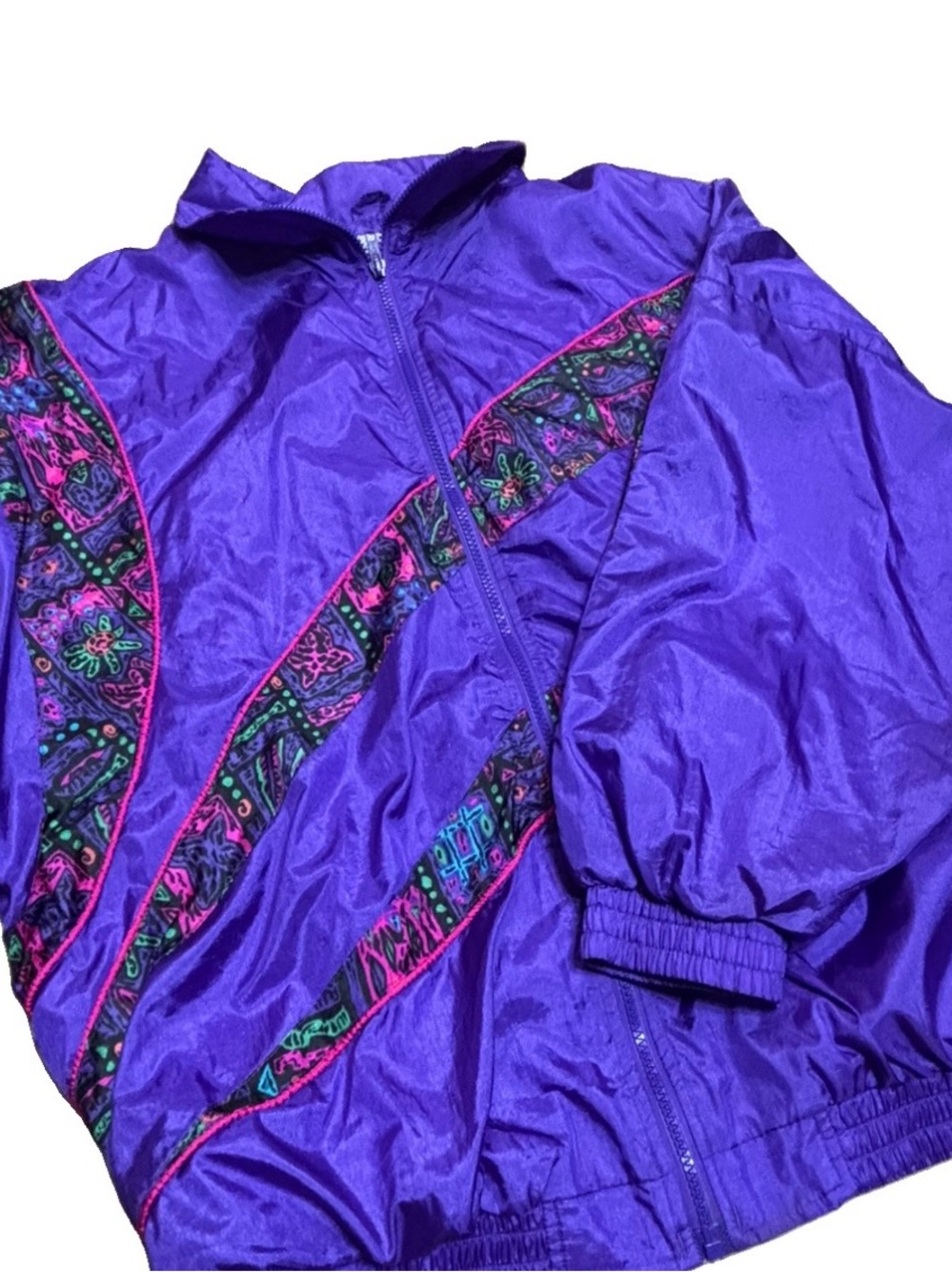 Vibrant Purple Women’s Retro Bomber Jacket with Patterned Panels - Picture 4 of 15